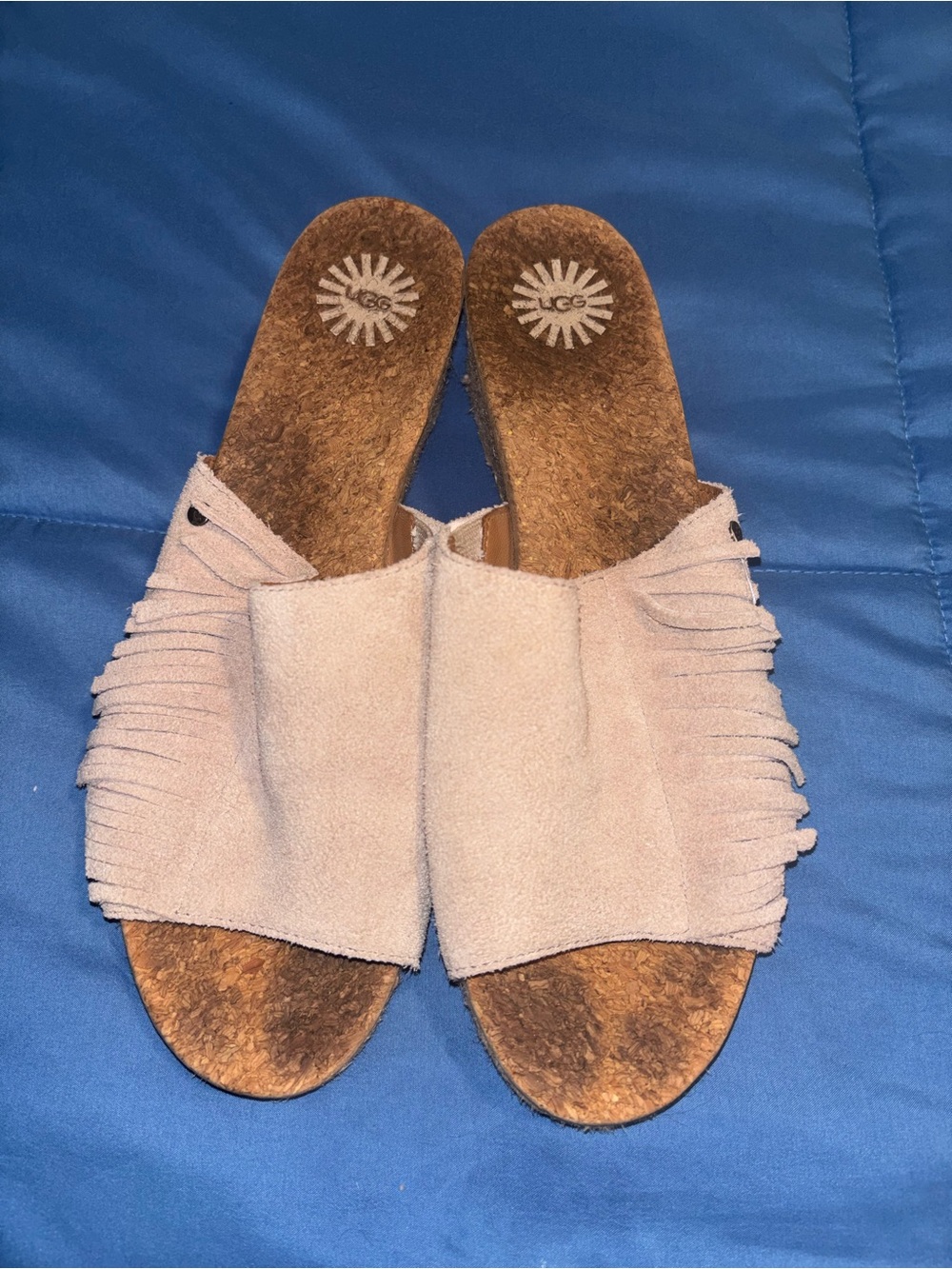 UGG Pale Pink Suede Fringe Slide Mules